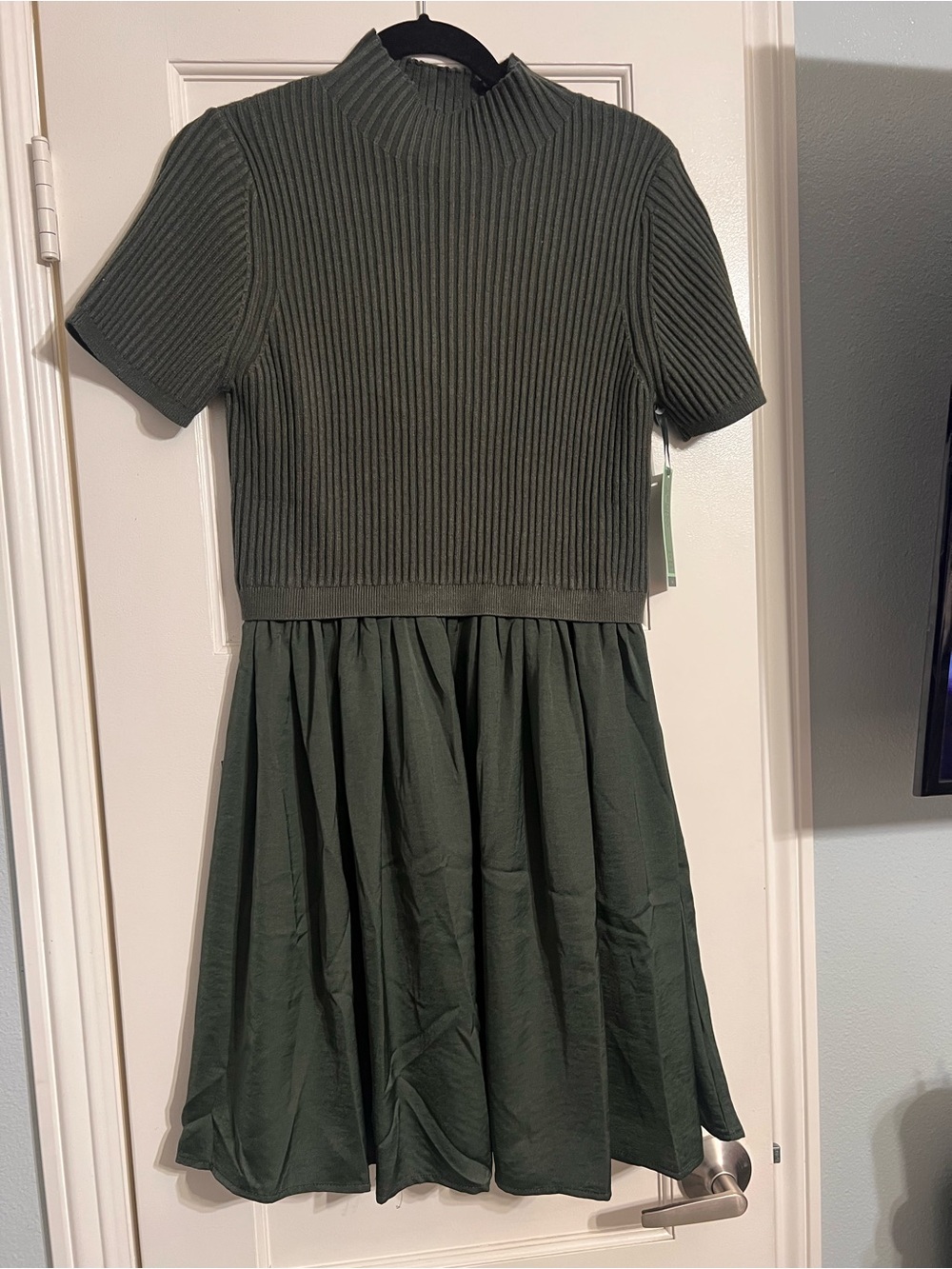 Terra & Sky Dark Green Ribbed Knit Bodice Dress